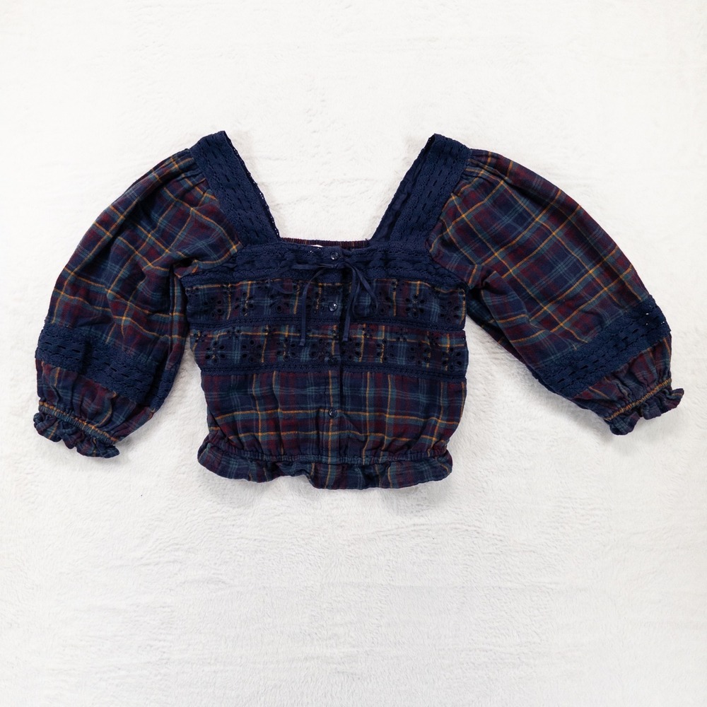 American Eagle Womens Crop Top XS Navy Plaid Eyelet Lace Milkmaid Folk Prairie
